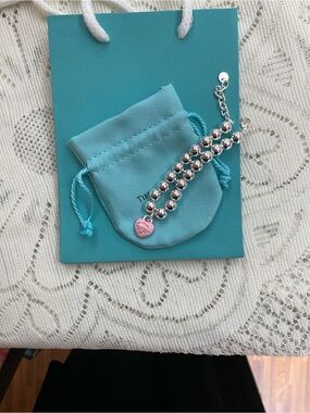 Tiffany & Co. Sterling Bead Bracelet with Pink Heart Tag and Blue Pouch